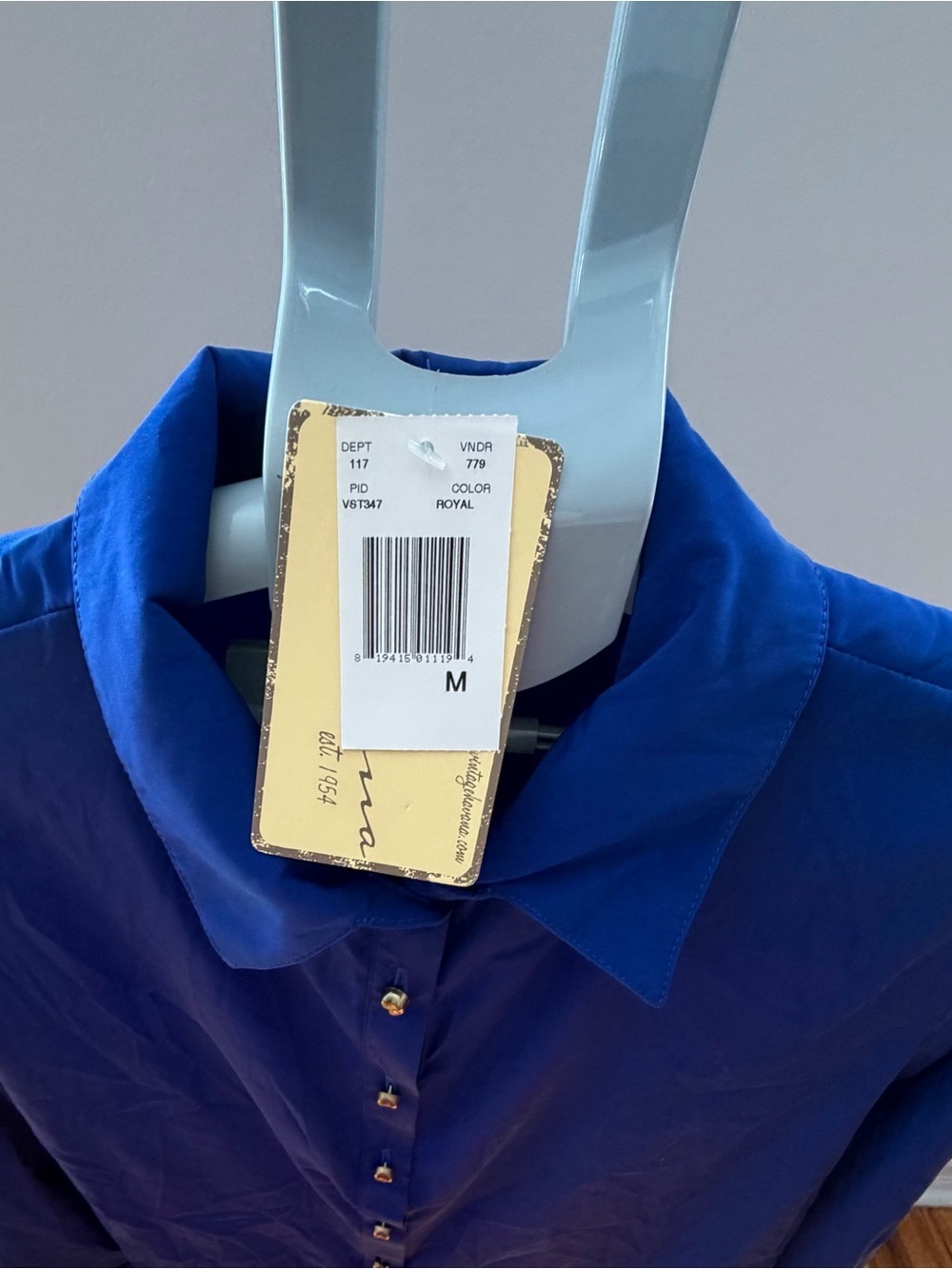 Vintage Havana Royal Blue Button-Up Blouse Gold Skull Buttons Medium NWT - Picture 8 of 12